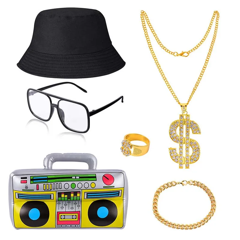 90s Hip Hop Clothes Accessories Cosplay Kit Rapper Punk Metal Chain Necklace Rings Bracelet Radio Box Hat Glasses Party Prom Set