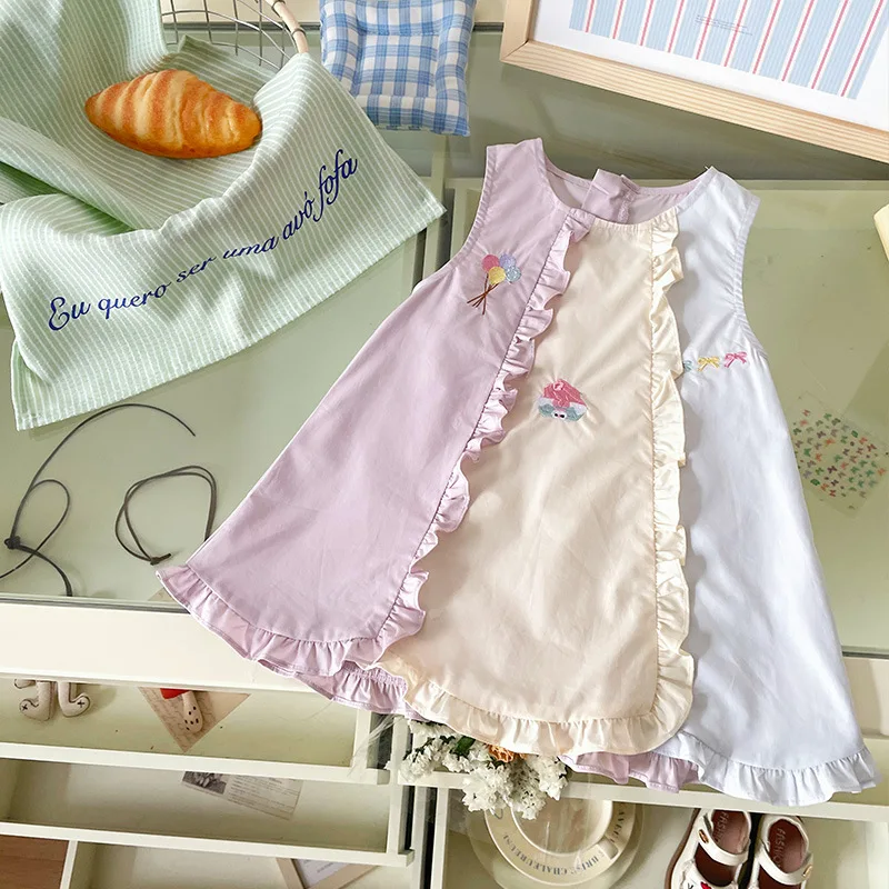 Girls Dresses Summer Color Block Cartoon Print Sleeveless Cotton Baby Girls Dresses Cute Girls Beach Dresses Baby Girl Clothes