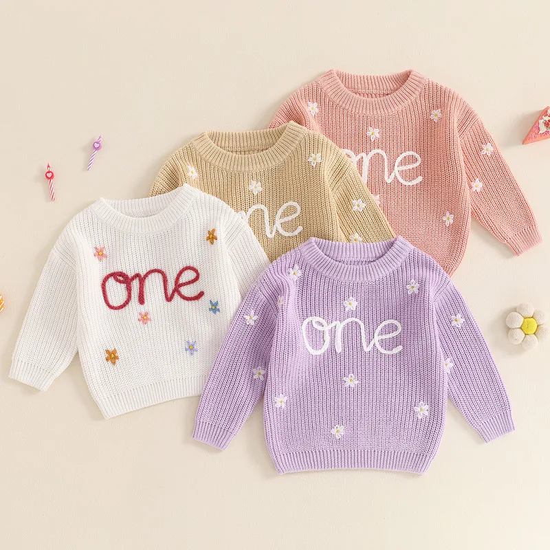 Baby Girl Sweater Fall Winter Clothes Long Sleeve Crew Neck Flower Letters Warm Knit Pullover Sweater Birthday Tops