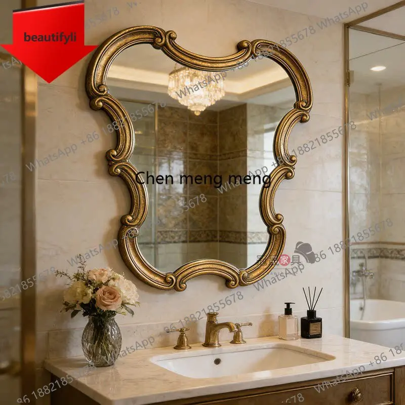 a50 European vintage makeup mirror wall hanging carved luxury special-shaped bathroom mirror French bedroom wall hanging