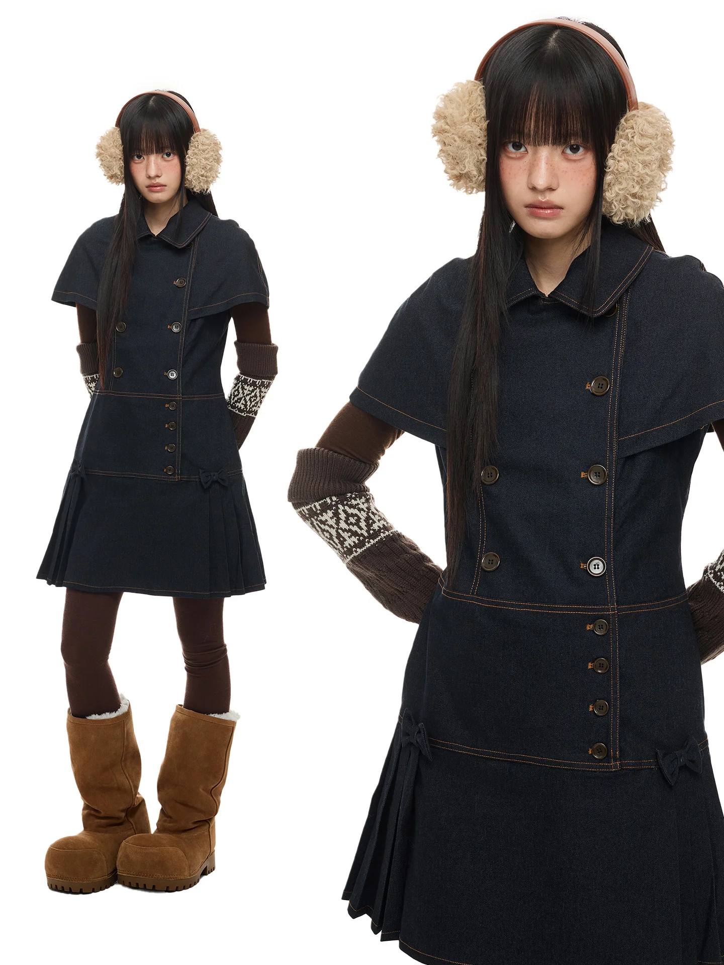 JIKOO Vestido vaquero vintage de verano con cuello Peter Pan, vestido casual de mezcla de algodón de manga corta, falda acampanada para mujer joven