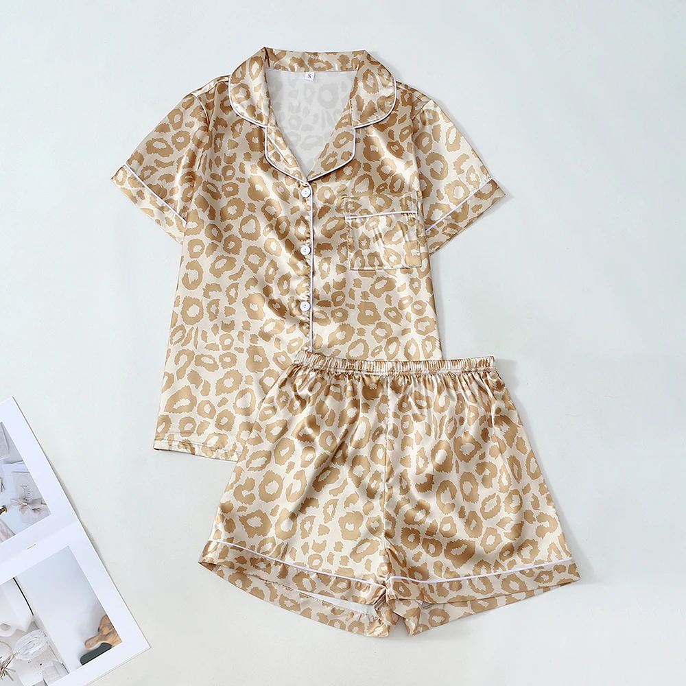 

2Pcs New Sleepwear Lapel Short Sleeve Top Elastic Waist Shorts Set Fashion Breathable Homewear Summer Women's Pajama Set