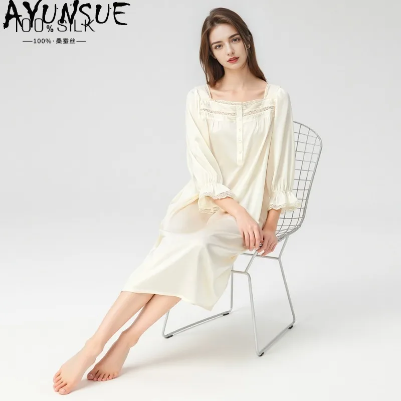 AYUNSUE 100% Silk Night Dresses for Woman Cute Square-necked Princess Dress Puff Sleeves Pajamas for Women High Quality Пижама