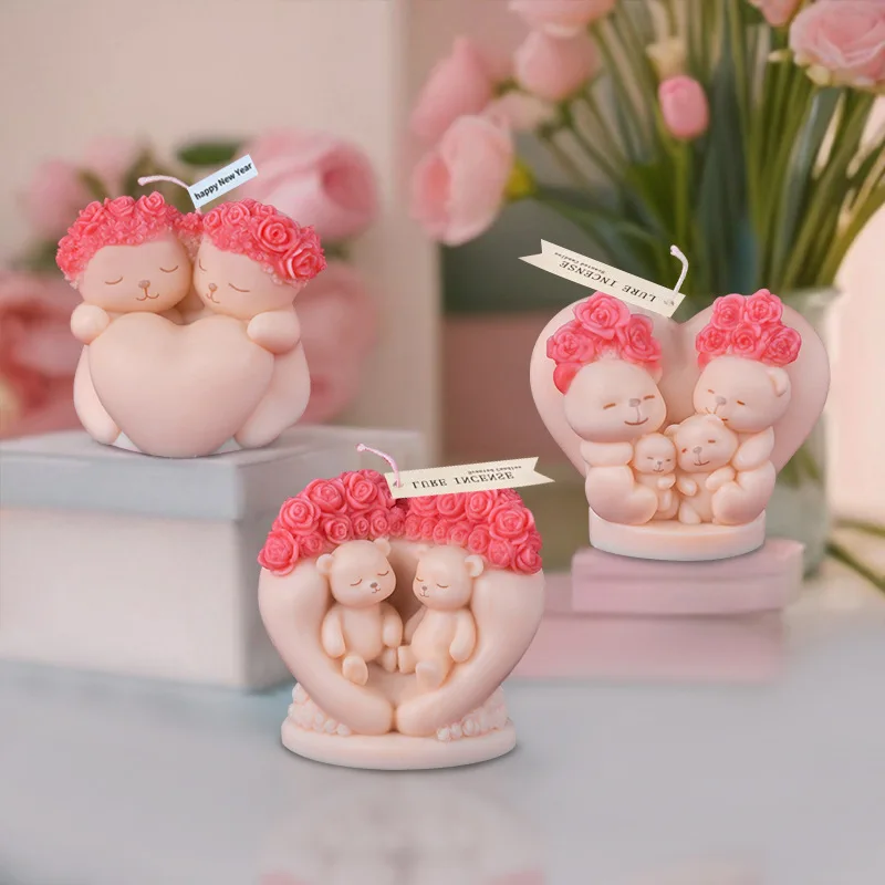 Love Bear Aromatherapy Candle Molds DIY Valentine\'s Day Love Rose Silicone Mould Gypsum Resin Pouring Tool for Gift Decoration