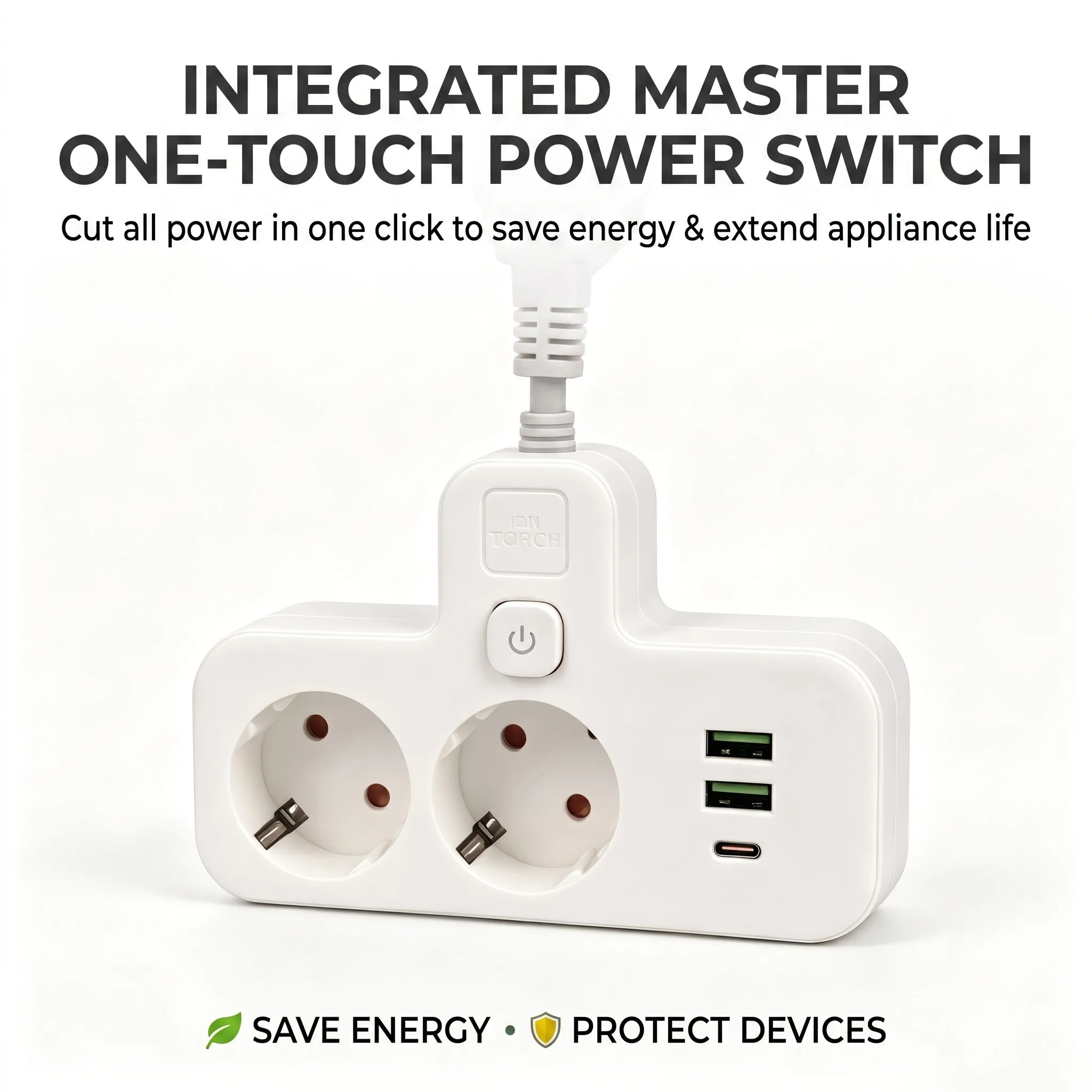 TATIBS EU Socket Splitter with USB Type-C Schuko Power Extender 2 Way Plug Adapter Travel Power Strip with Fast Charging