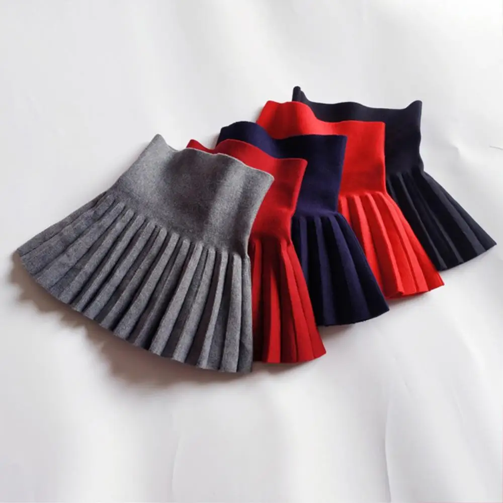 Pleated Skirt High Waist Solid Color Autumn Children School Girls Knit Bottoming