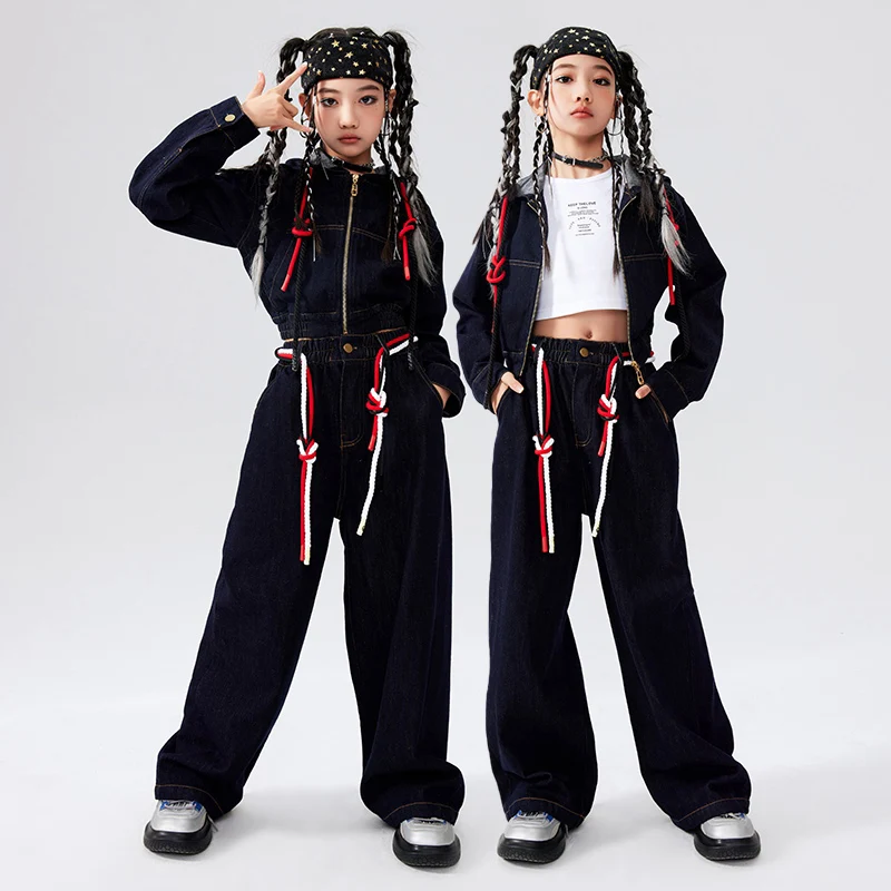 2024 New Ballroom Hip Hop Dance Costumes For Girls Denim Shirt Loose Pants Streetwear Kids Jazz Performance Stage Wear DQS18155