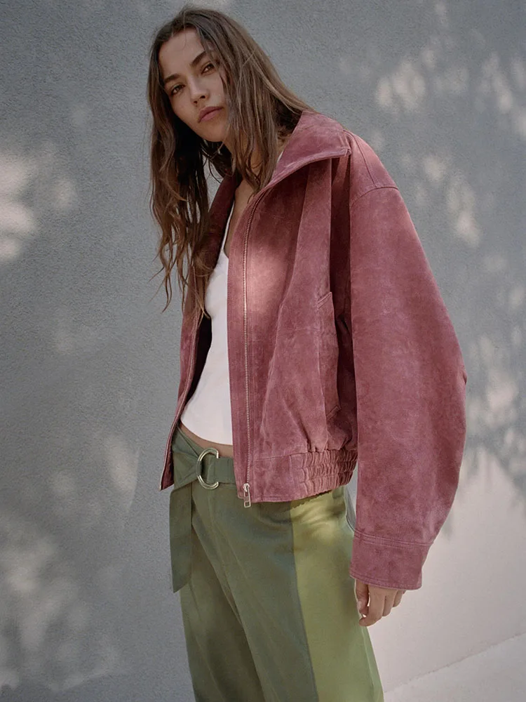 Fall 2026 Women's Long Sleeve Stand Collar Leather Pilot Jacket New Arrival Elegant Outerwear Fashionable Ladies' Short Coat