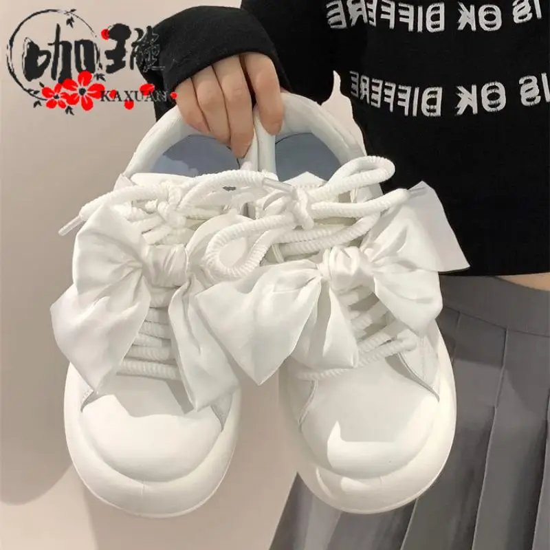 Kawaii Bow White Sneakers for Women Platform Sports Shoes Tennis Female Flats Spring Summer 2024 Vintage Cute Korean Fashion