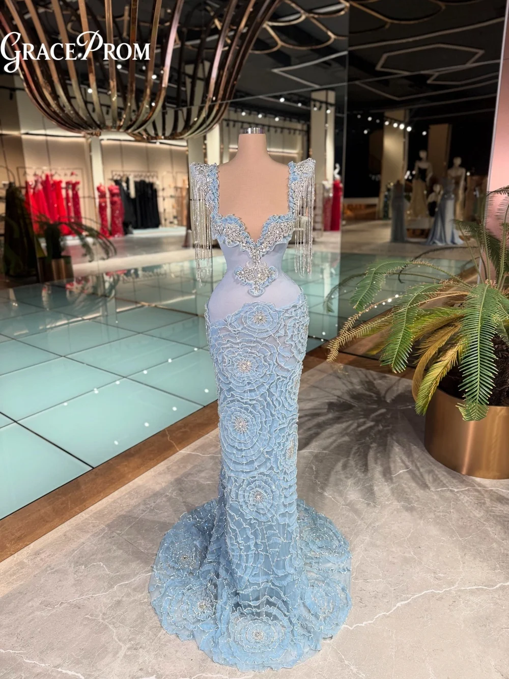 

Elegant 3D Rose Appliques Evening Gown Square Neck Light Blue Beaded Tassel Mermaid Party Dress Wedding Guests Wear فساتين سهرة
