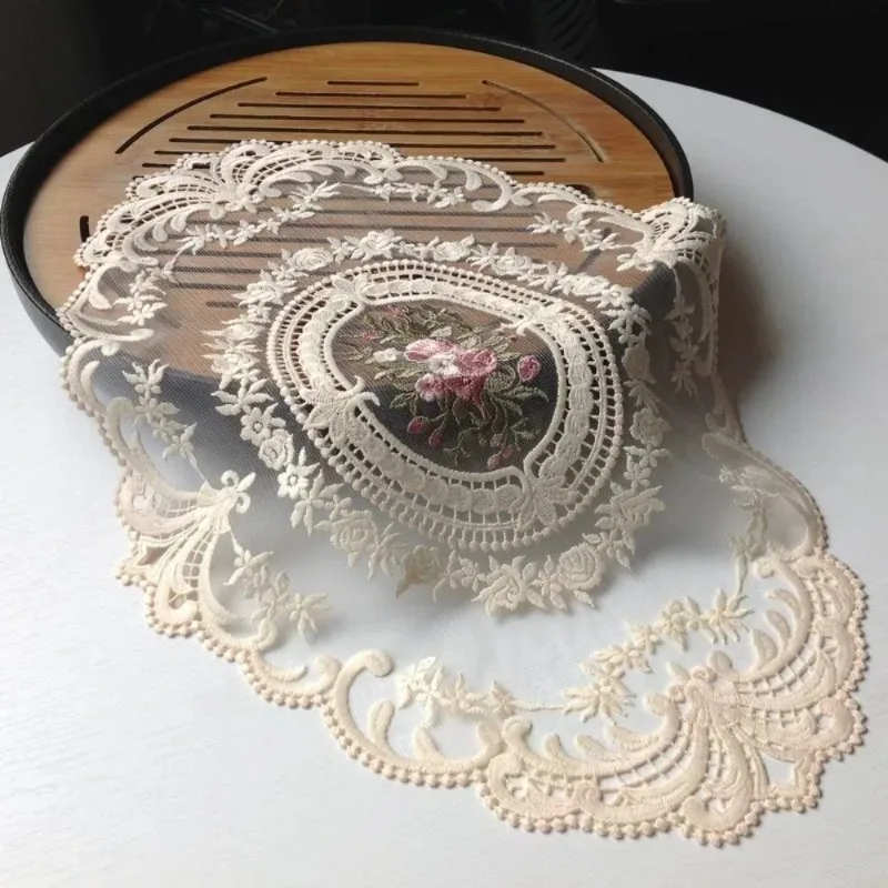 1pc European Oval Lace Embroidered Coaster Bedroom Study Kitchen Cup Table Mat Food Fruit Plate Cover Cloth Christmas Decoration