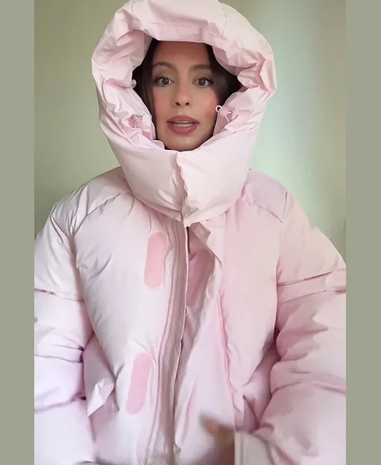 Jaqueta casual acolchoada com capuz feminina solta mangas compridas bolsos com zíper casacos com gola