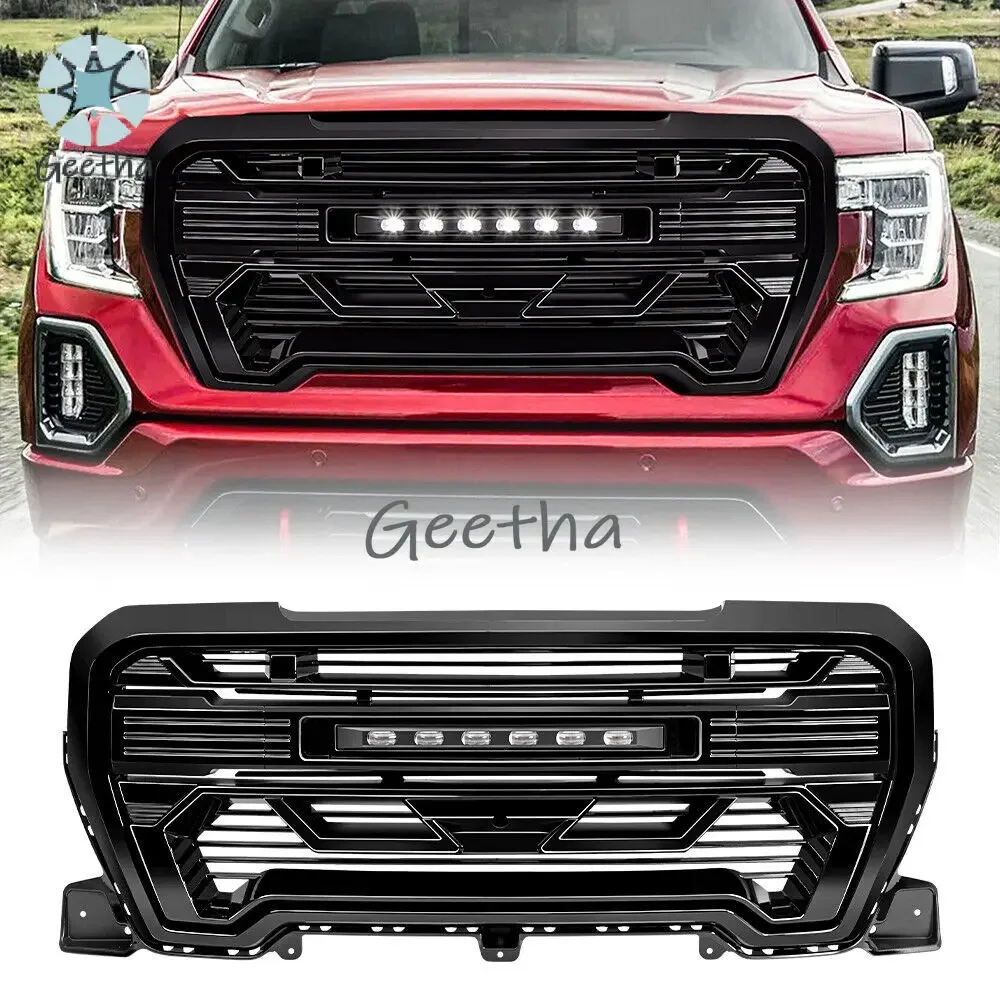 Glossy Black Front Armor Style Grille Bumper Grill car grills with Off-Road LED Lights For 2019 2020 2021 GMC Sierra 1500 ABS