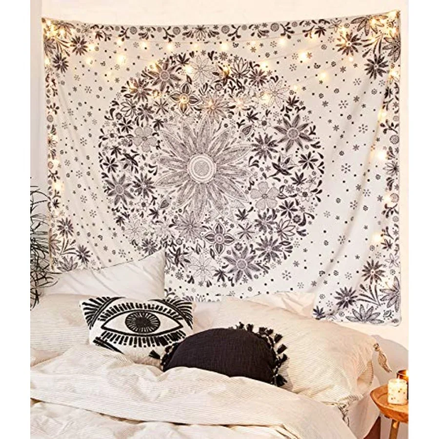 Bohemian Tapestry Wall Hanging, Beige White Floral Tapestry with Dotted Daisy Medallion Print Bedroom Boho Hippie Home Decor, 3
