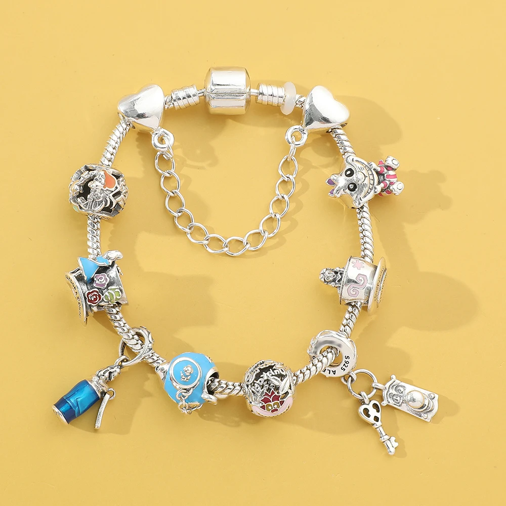 Disney Alice in Wonderland Movie Anime DIY Charm Bracelets for Women Girls Sweet Fashion Silver Color Chain Accessories Gifts