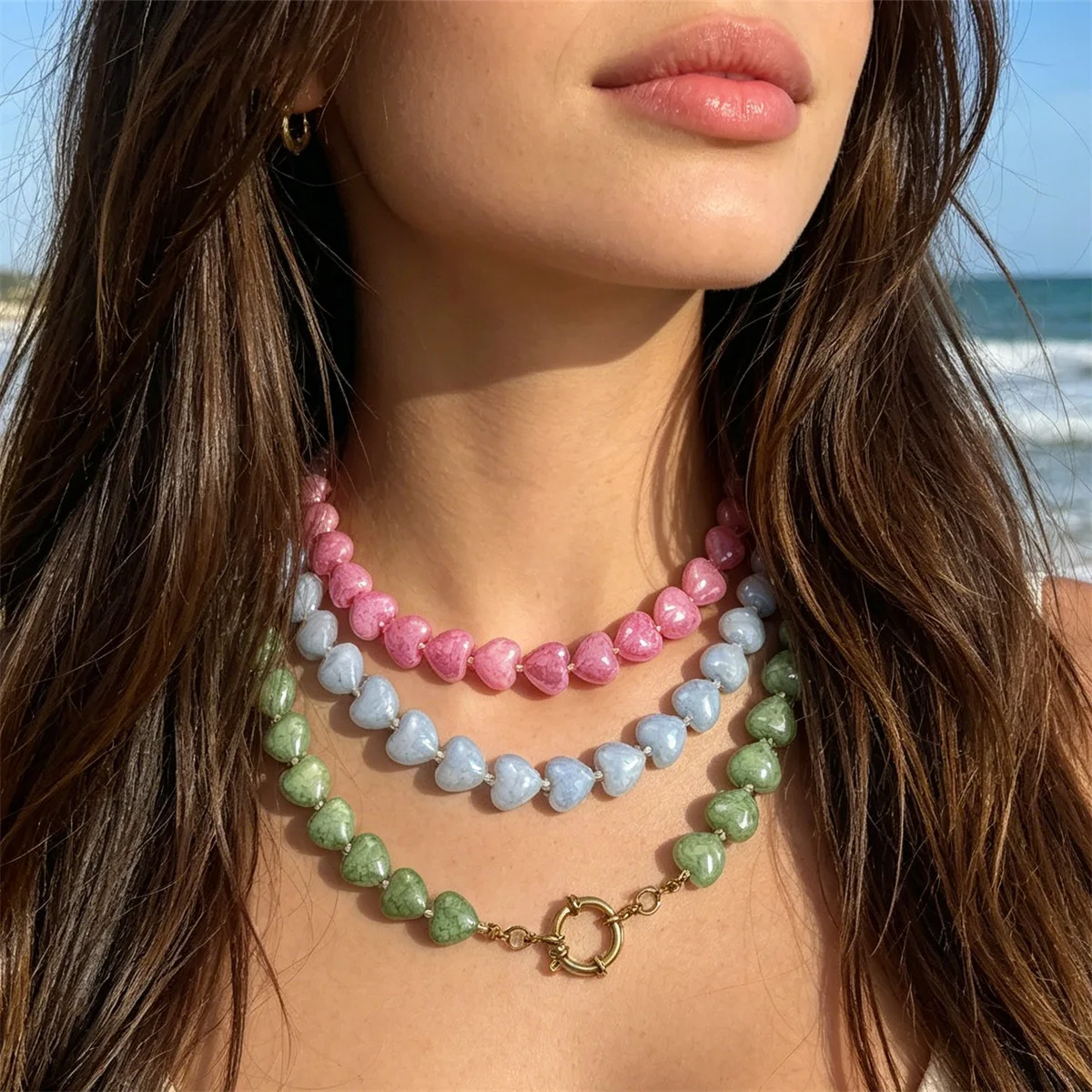 Dopamine Pastel Heart Beaded Double Layer Necklace, Sweet Multicolor Imitation Jade Choker, Summer Beach Adjustable Stackable Wo