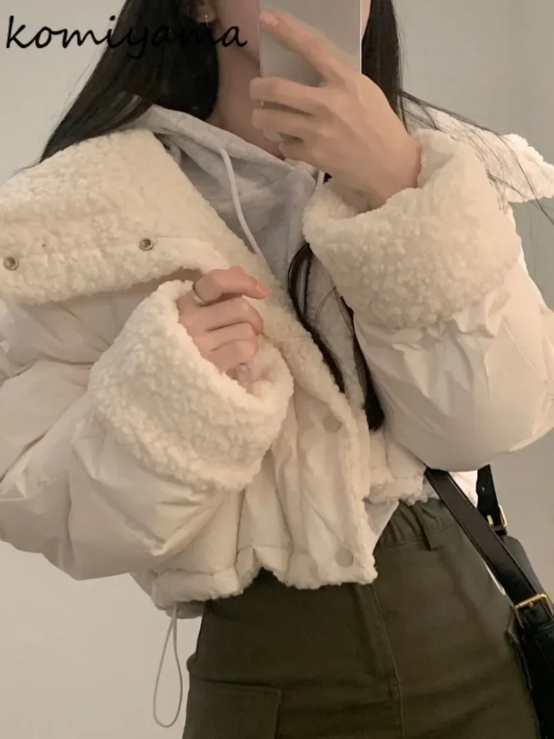 Stand Collar Drawstring Parkas Thicked Outerwears Lambswool Ropa Mujer 2024 Woman Casaco Autumn Winter Single Breasted Jacket