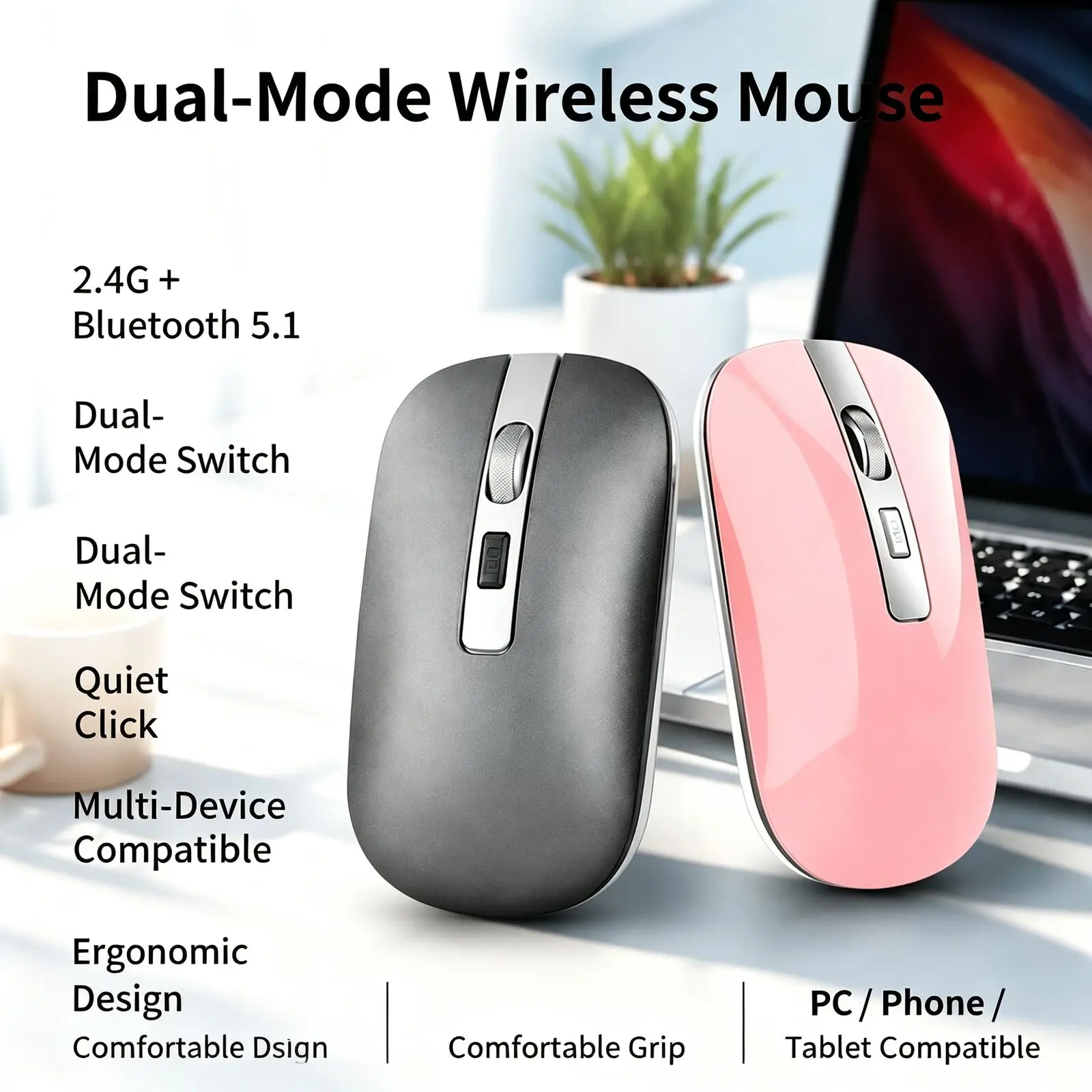 2.4G Bluetooth 5.1 Wireless Rechargeable Mouse 4 Keys 800‑1200‑1600 DPI Ergonomic Mute Pink Mice For Laptop PC Mac Tablet Office