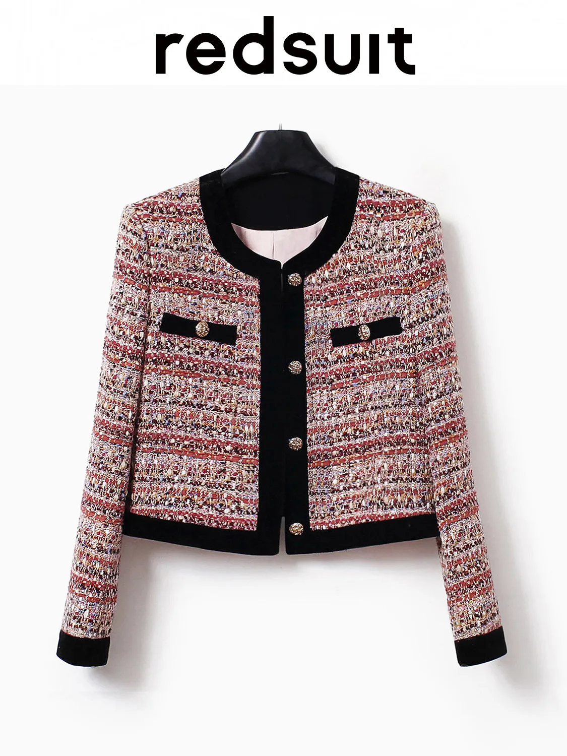 New Multi color mixed woven contrasting velvet round neck gold buckle short jacket top Custom Size