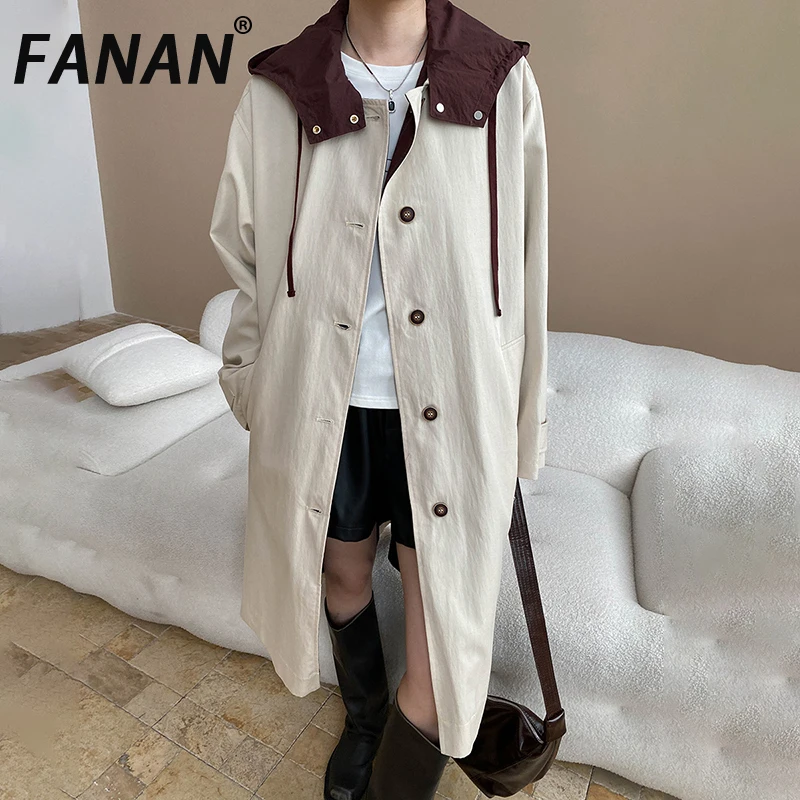 

FANAN Hooded Design Contrast Color Trench For Women Single Breasted Long Sleeve Can Be Worn On Both Sides Coats 2025 Autumn New
