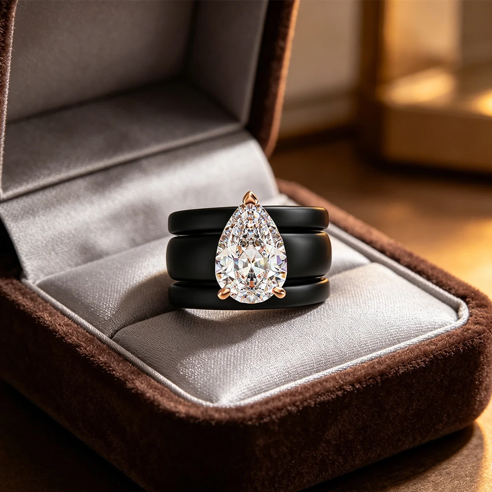 Anel de silicone preto fosco de 3 camadas com zircônia cúbica em formato de pera, com prata de ouro rosa e anéis de borracha para casamento para mulheres.
