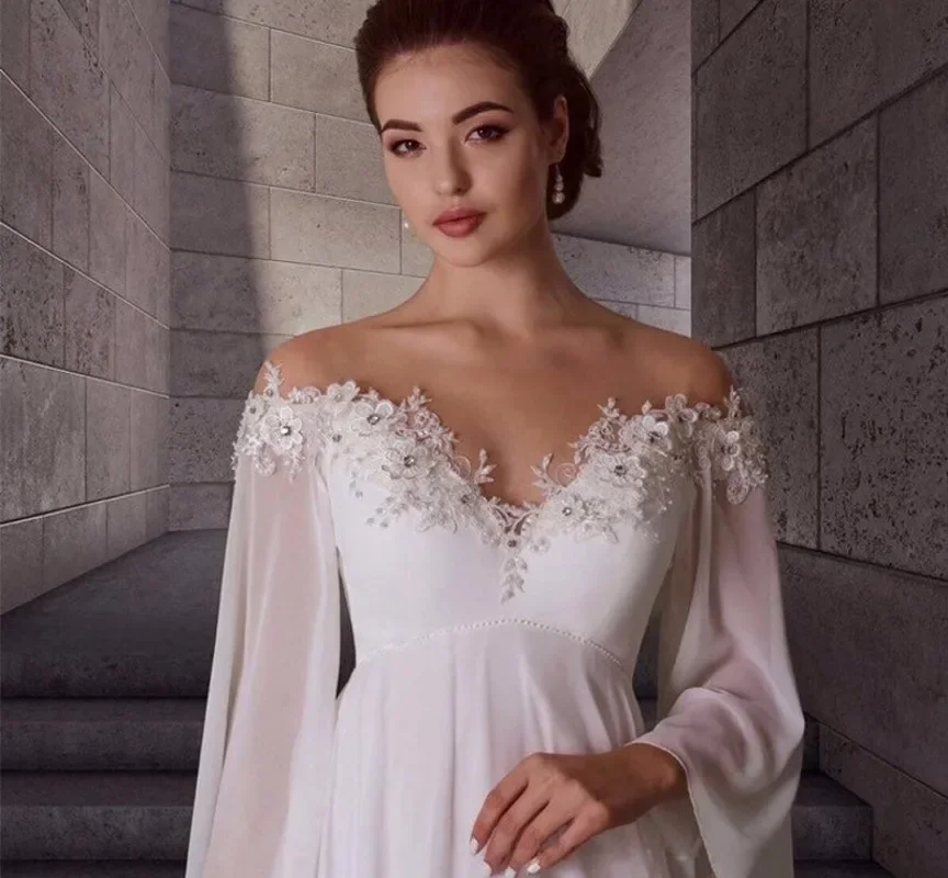 2024 Customized Pregnant Women's Chiffon Wedding Dress Bohemian Long Sleeve Lace Wedding Dress Women's Simple Robe