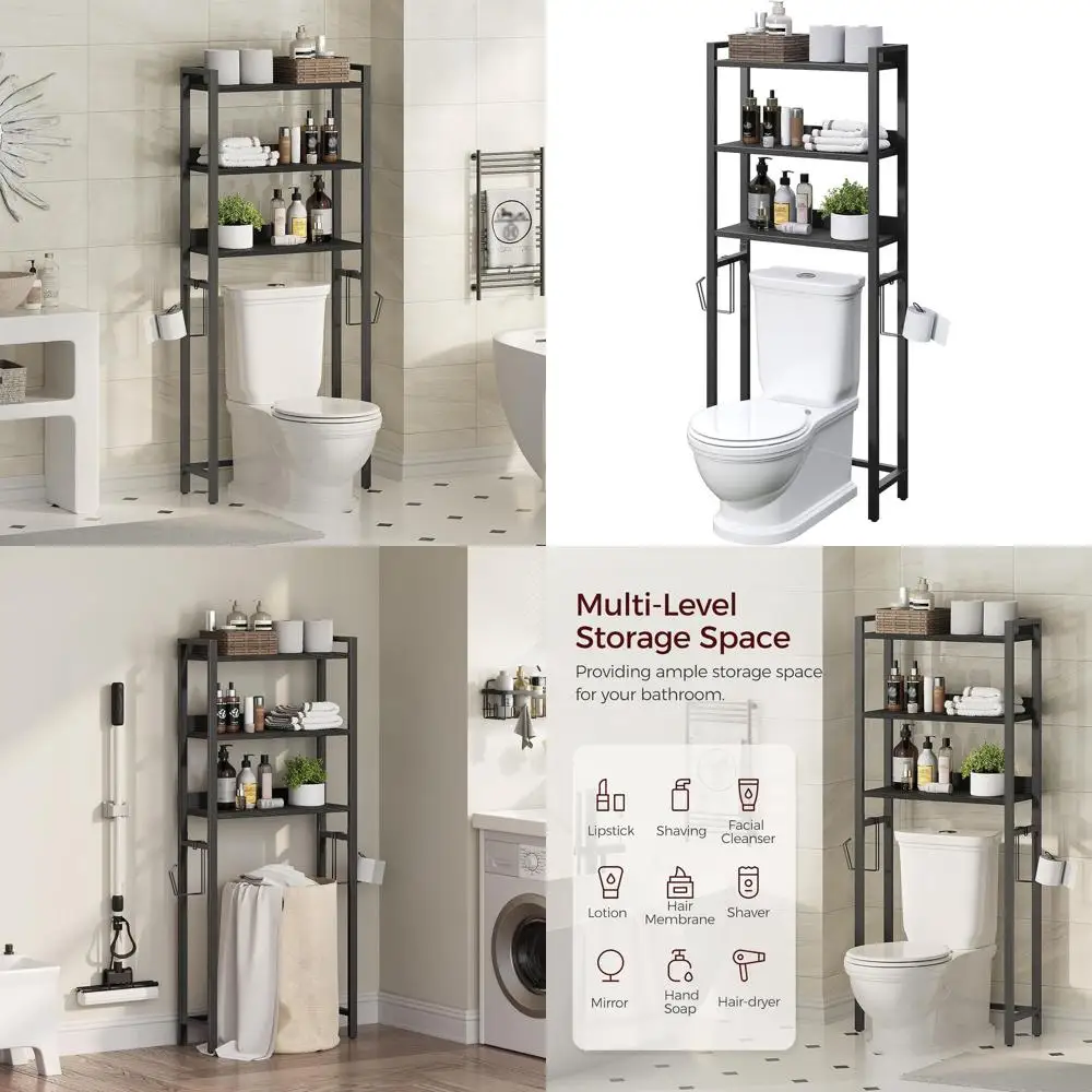 

3-Tier Over Toilet Storage Rack, Space-Saving Bathroom Organizer with 2 Hooks, Easy Assembly, Black