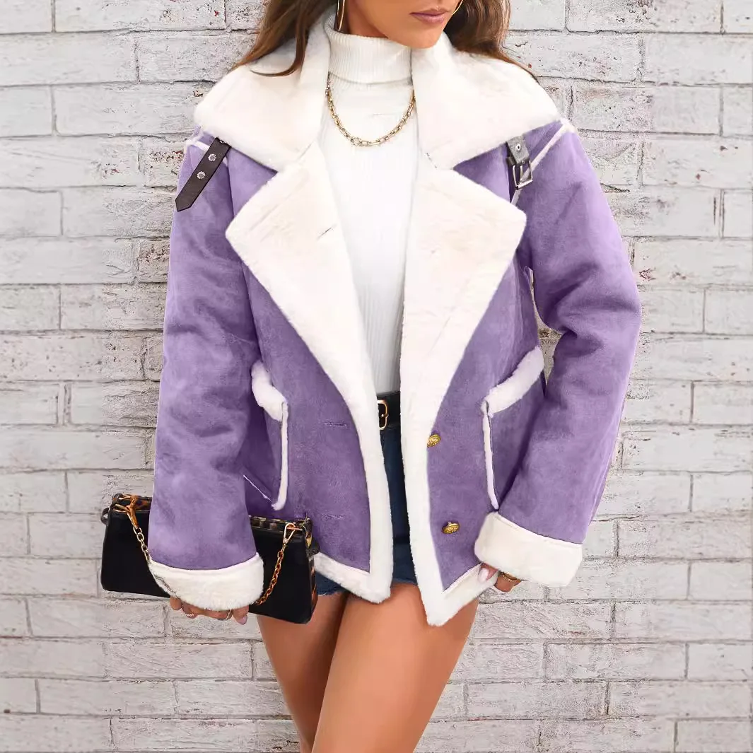 Women Shearling Jacket Casual Short Coat Y2k Turn Down Collar Long Coats Single Breasted Loose Street Wear Thick 2025 Winter