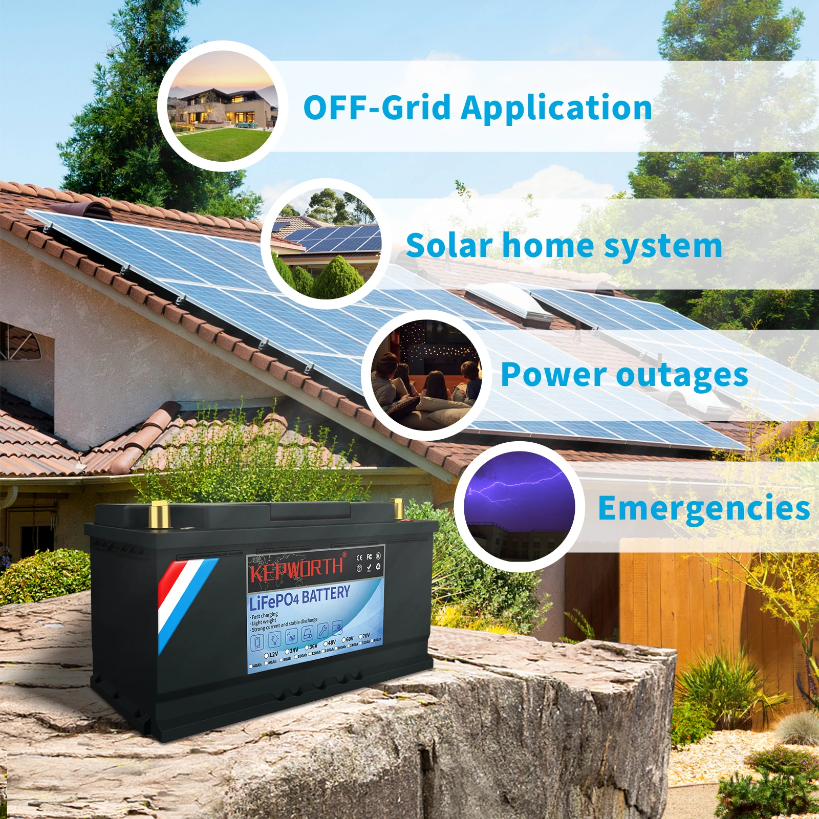 KEPWORTH-LiFePO4 Battery, 12V, 100Ah, 120Ah, 200Ah, 300Ah, 400Ah, Perfect for Home Energy Storage, Solar, No Tax