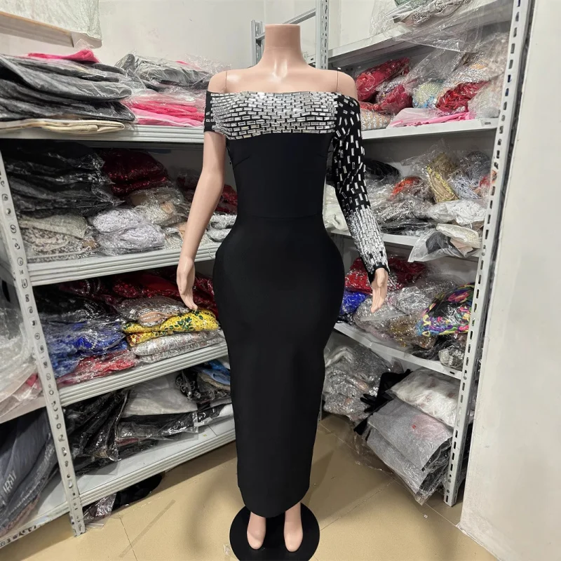 

Foreign Trade Backless One-Shoulder Long Sleeve Slim Fit Rhinestone Bodycon Long Dress Party Gown