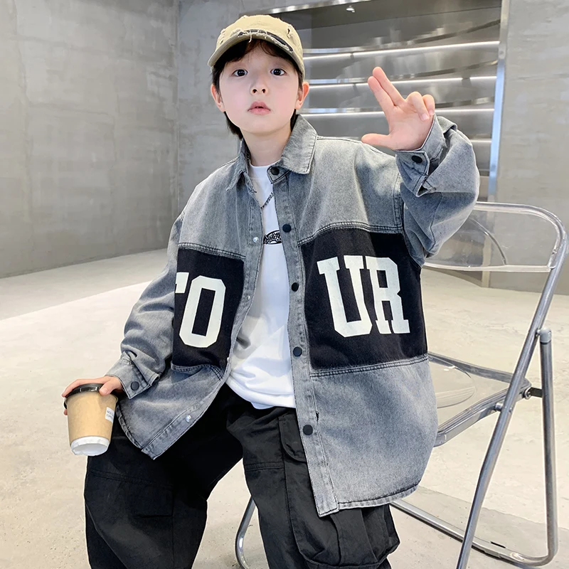 Long Sleeve Kids Spring Autumn Gray Denim Shirt Jacket with Letters for Child Boy New Casual Autumn CLothing Jeans Coat Outfit