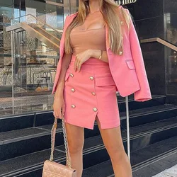 BAMBOOBOY Blazer Suits 2 Pieces Women Long Sleeve Coat + High Waist Mini Skirt Autumn Clothes Streetwear Pink Two Piece Sets