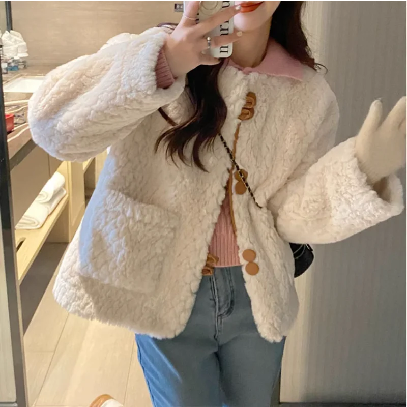 White Leather Stitching Fur Casual Coat Women's Autumn Winter Soft Loose Basic Long Sleeve O Neck Elegant Pink Lady Short Jacket