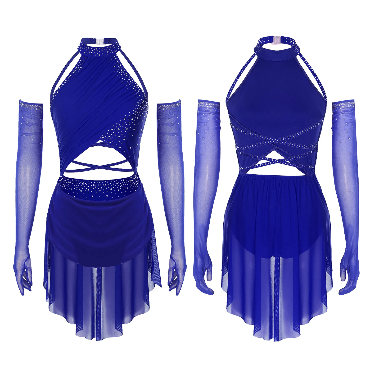

Women Lyrical Dance Dress with Sheer Gloves Halter Strappy Back Sleeveless Leotard Dress Modern Jazz Tango Dance Stage Costume