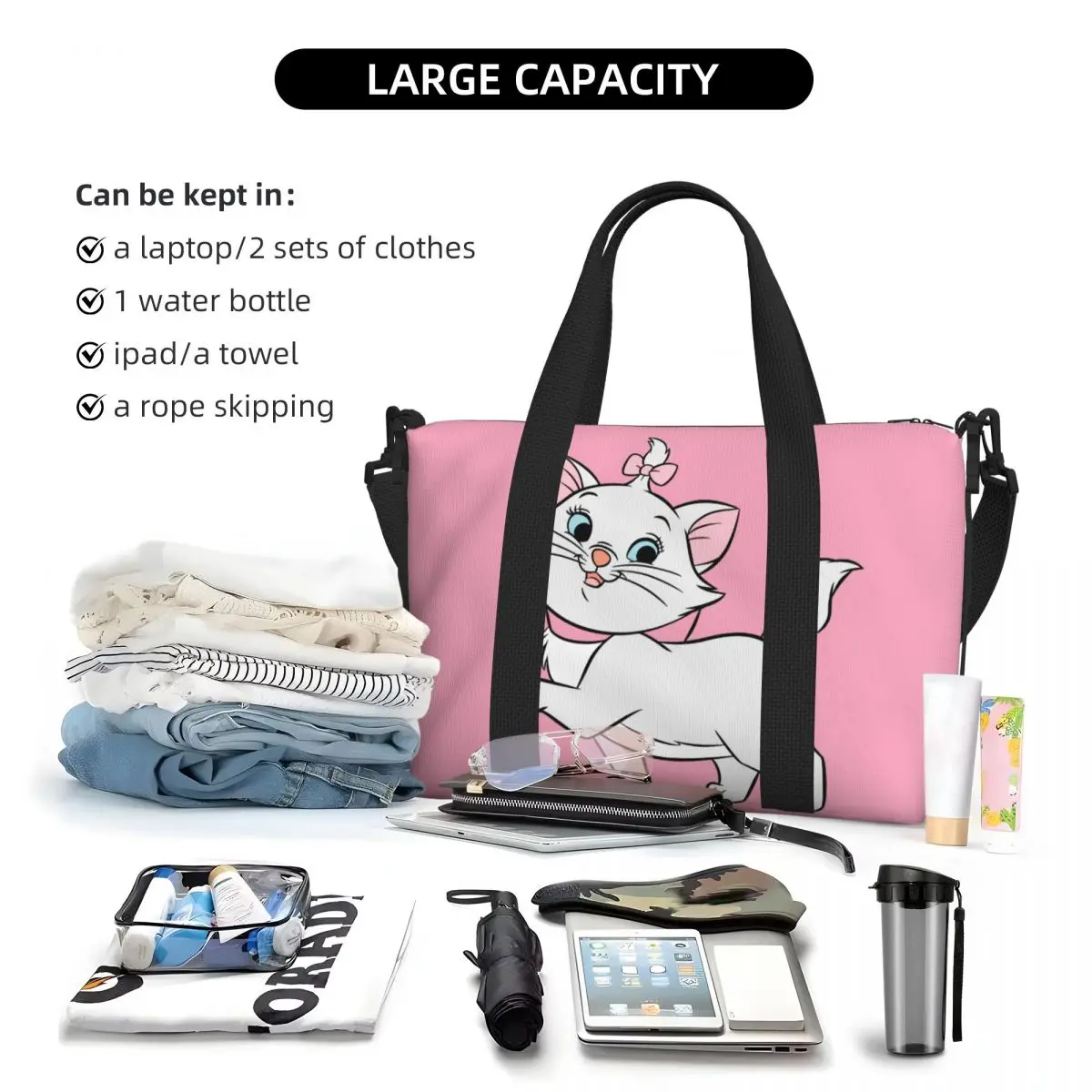 Sac fourre-tout Anime personnalisé pour femme, grande capacité, Marie Cartoon Cat, Gym Beach Initiated Travel Bag