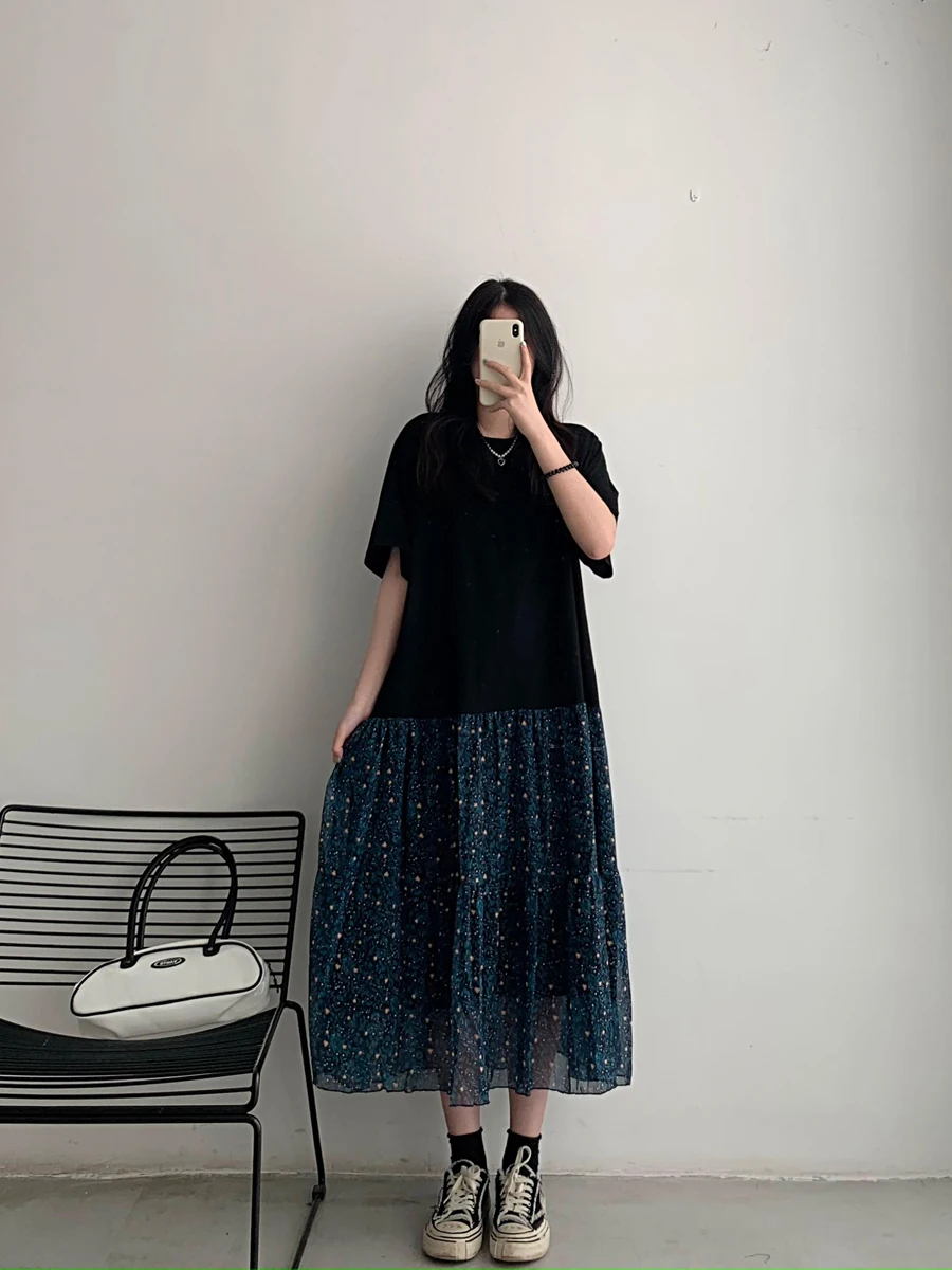 plus Size Maternity Summer New Style Floral Print Maxi Dress Fake Two-Piece A-Line Skirt Loose Fit Casual Wear round Neck Sho...