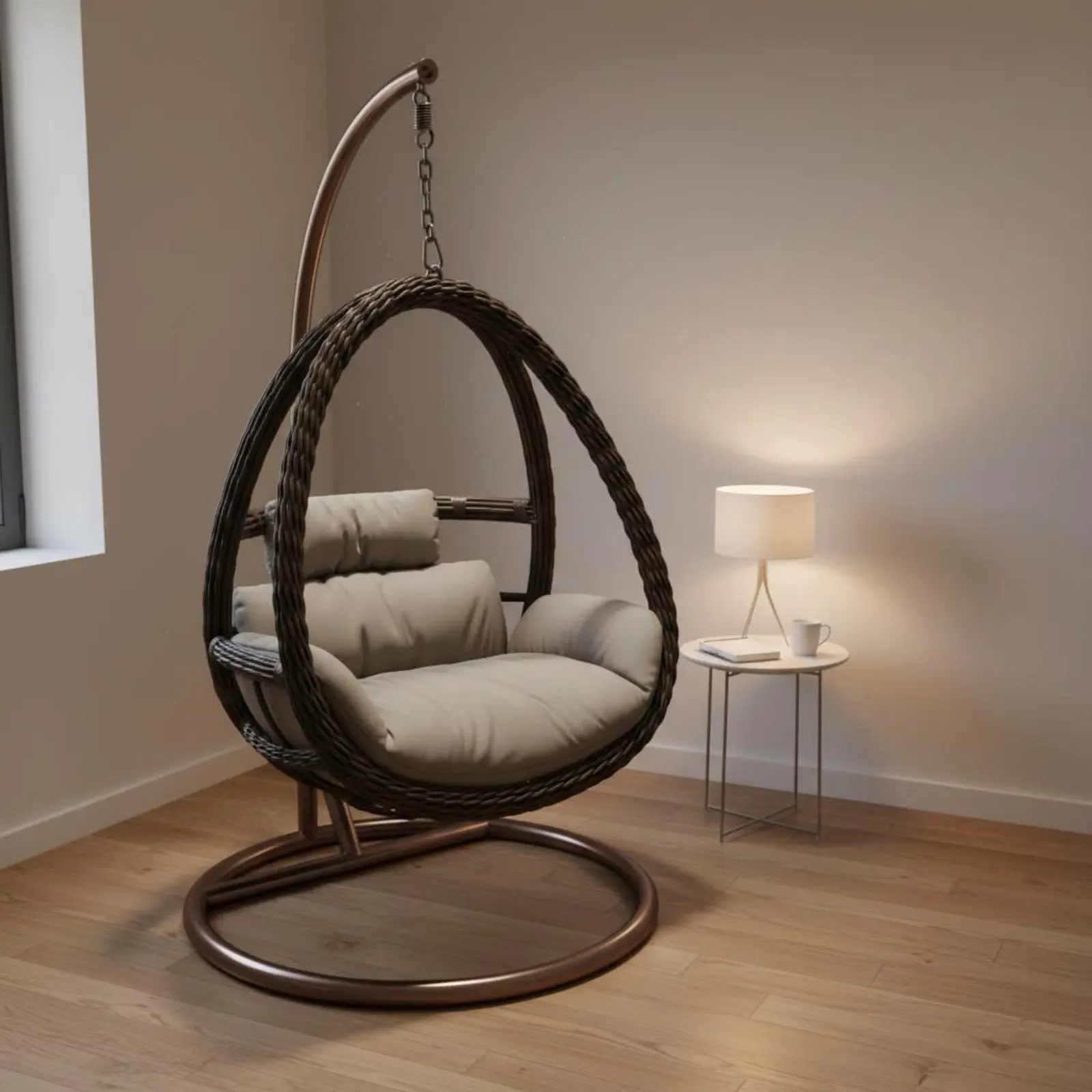 Hanging Oval Chair with Stand Indoor Outdoor Freestanding Wicker Swing Chair Leisure Furniture Easy Assembly for Balcony
