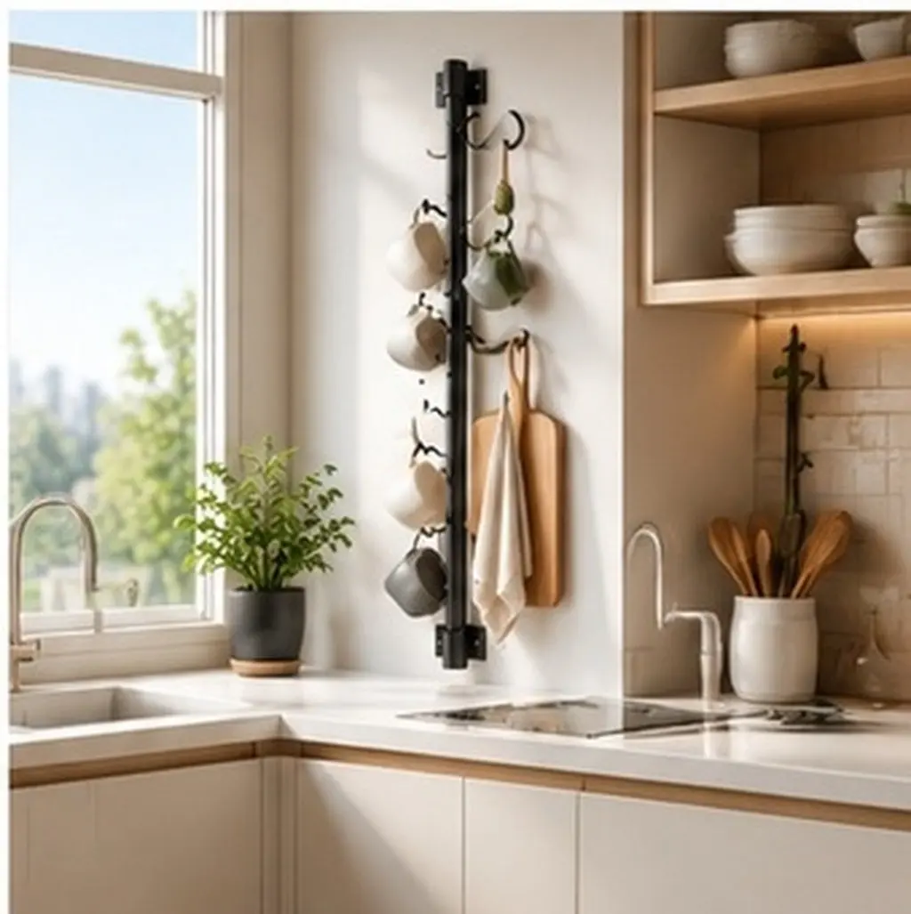 1Set Wall Mounted Kitchen Rack 7 Adjustable Hooks Multifunctional Heavy Duty Mug for Cups Towels Utensils Bath Kitchen