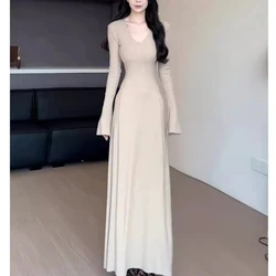 Autumn Winter New Fashion Long Sleeve V-neck Solid Women's Clothing Slim All-match Korean Temperament Casual Trend Chic Dresses