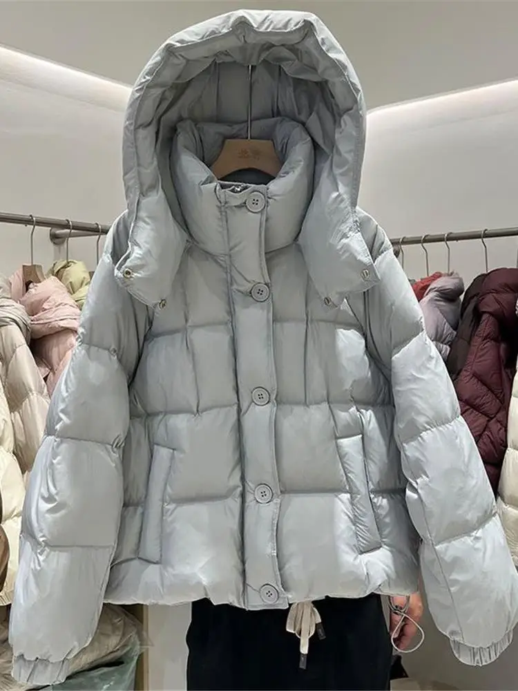 

Белое пальто Du down Puffer Jaet с капюшоном или Thiened, повседневное женское корейское свободное зимнее пальто, теплое длинное све