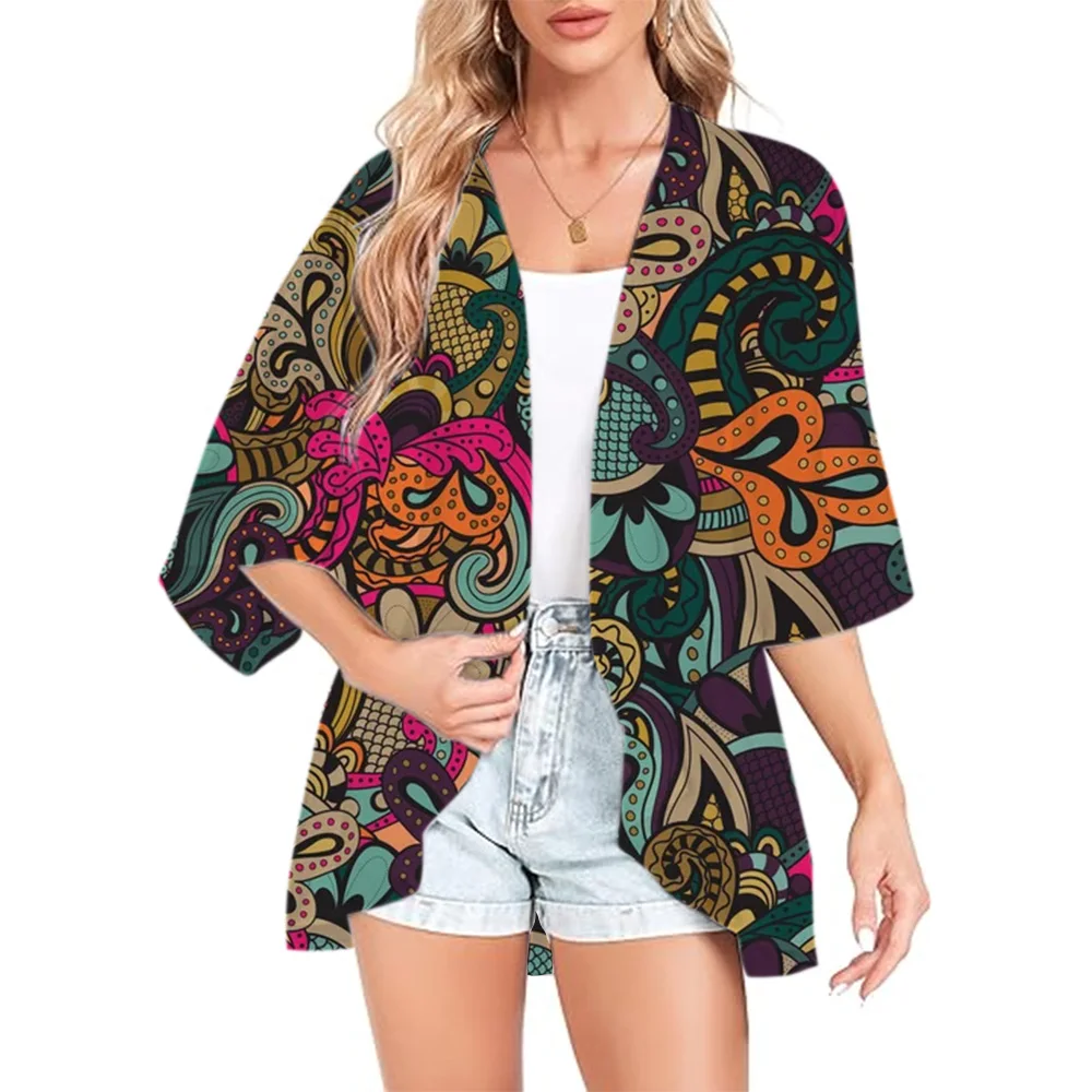 

Elegant Summer Kimono Chiffon Cover-ups Ladies Floral Shirts Blouses Bohemia Beach Wear Casual Kimono Dress For Women Swimsuit