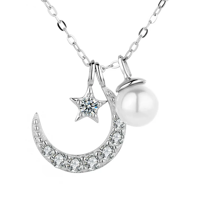 

S925 Sterling Silver Star Moon Necklace with Pearl Pendant Fashion Jewelry