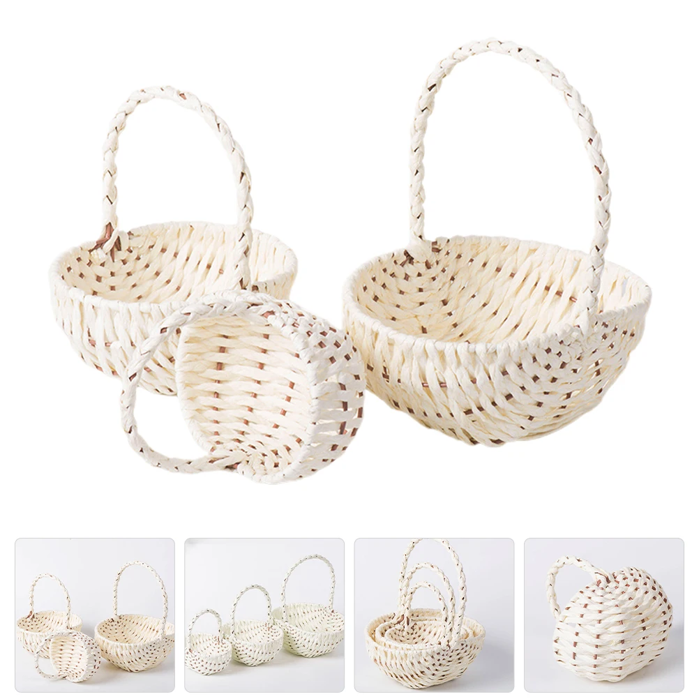 

3 Pcs Picnic Basket Hand Woven with Handle Carrying Fruit Handles for Flower Baskets Fruits Companion