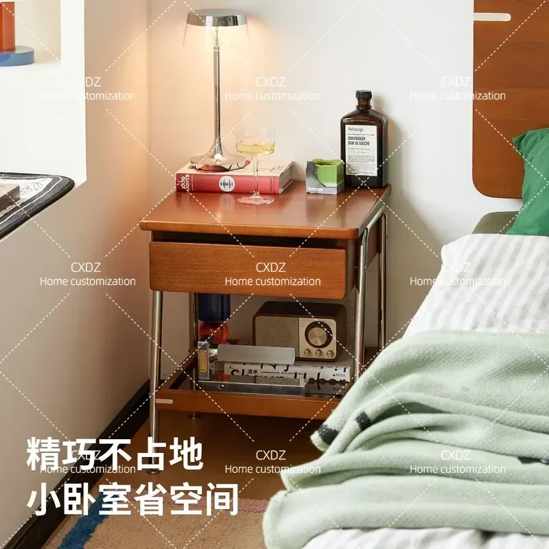 Solid Wood Bedside Table Retro Style Simple Bedroom Storage Cabinet Nightstand with Locker for Home Furniture