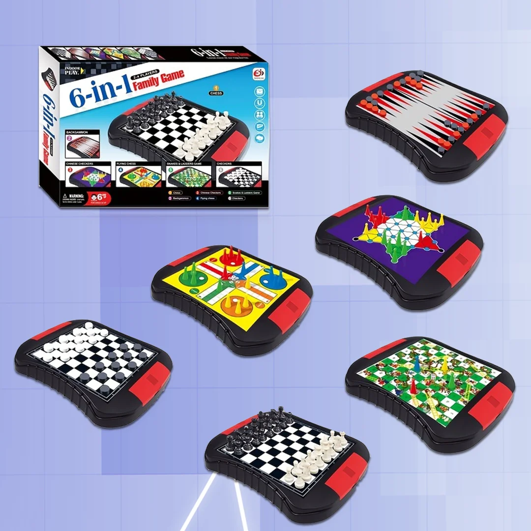 Multifunctional 6-in-1 Family Board Game Collection - Chess, Backgammon, Chinese Checkers, Ludo, Snakes & Ladders, Checkers