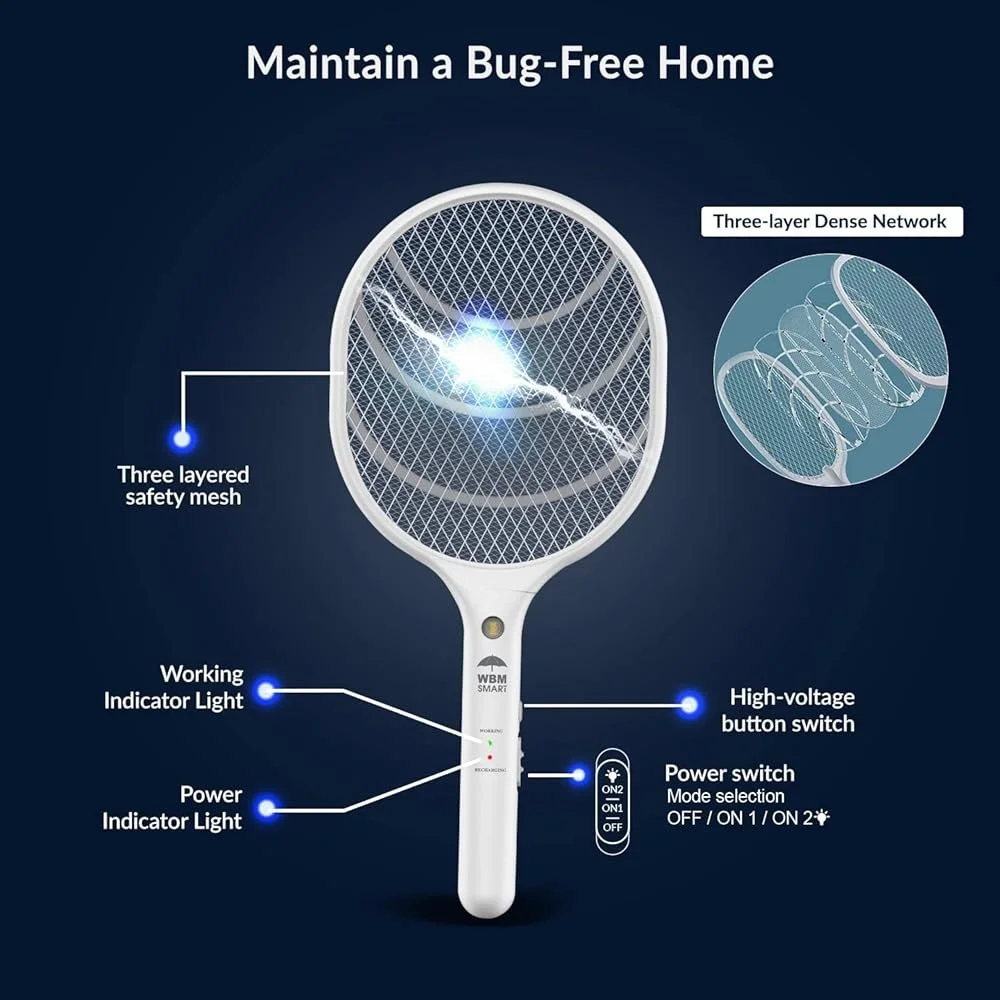 Portable Electric Fly Swatter Mosquito Zapper with LED Light Rechargeable USB Indoor Outdoor Bug Trap Racket Safe Design