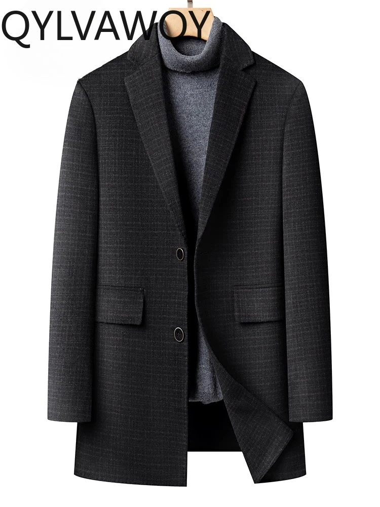 QYLVAWOY 70% WOOL Men's New Double-Sided Cashmere Coat Mid-Long Autumn Winter Thickened Goose Down Liner Woolen Outerwear LJ2062