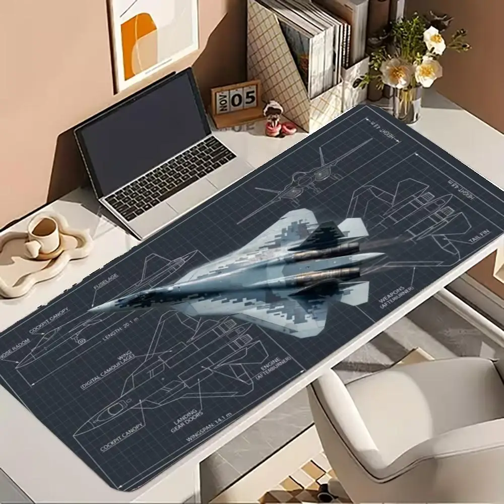 Aircraft Blueprint Large Desk Pad, Non Slip Extended Fighter Sketch Gaming Mousepad