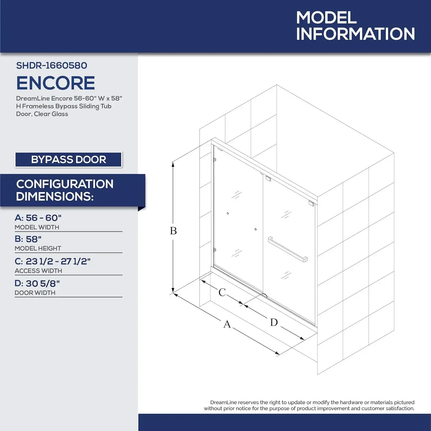 Encore 56-60 in. W x 58 in. H Semi-Frameless Bypass Tub Door in Satin Black, SHDR-1660580-09