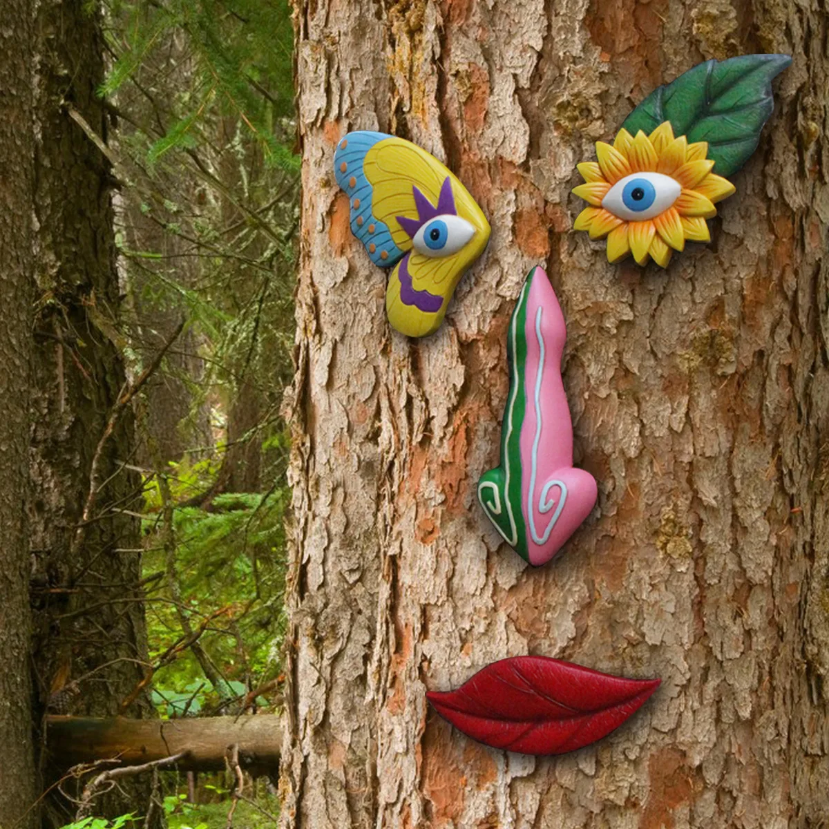 Colorful Funny Face Tree Pendant Ornaments Hanging Wall Resin Handicraft Outdoor Courtyard Garden Decoration 4pcs/Set